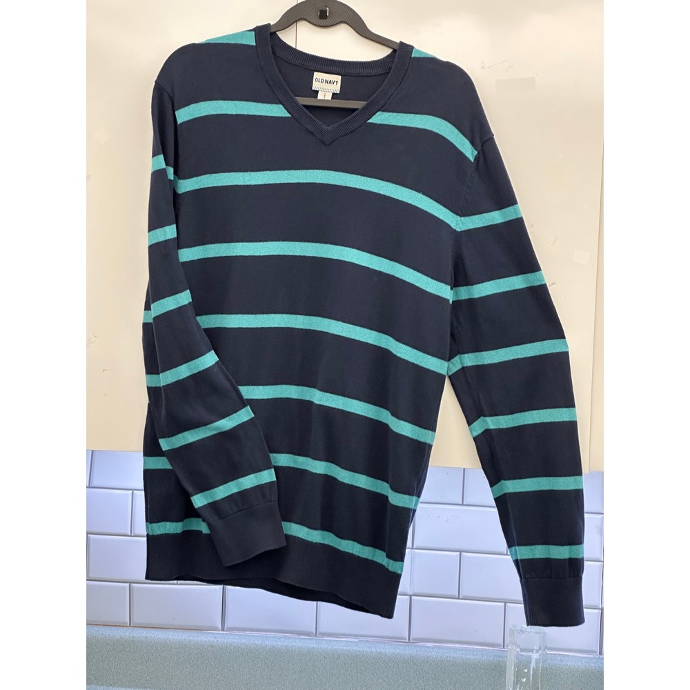 Old Navy Mens V-Neck Sweater Large Ink Blue Teal Striped 476710-07